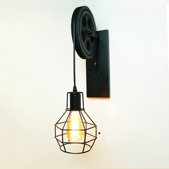 Industrial Rustic Wall Sconce - Vintage Wood & Metal Cage Light Fixture