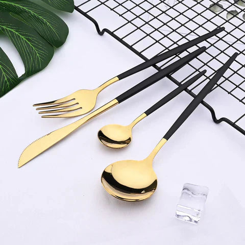Cutlery Set | Brushed Gold Stainless Steel | Sleek Elongated Design | Upscale Dining