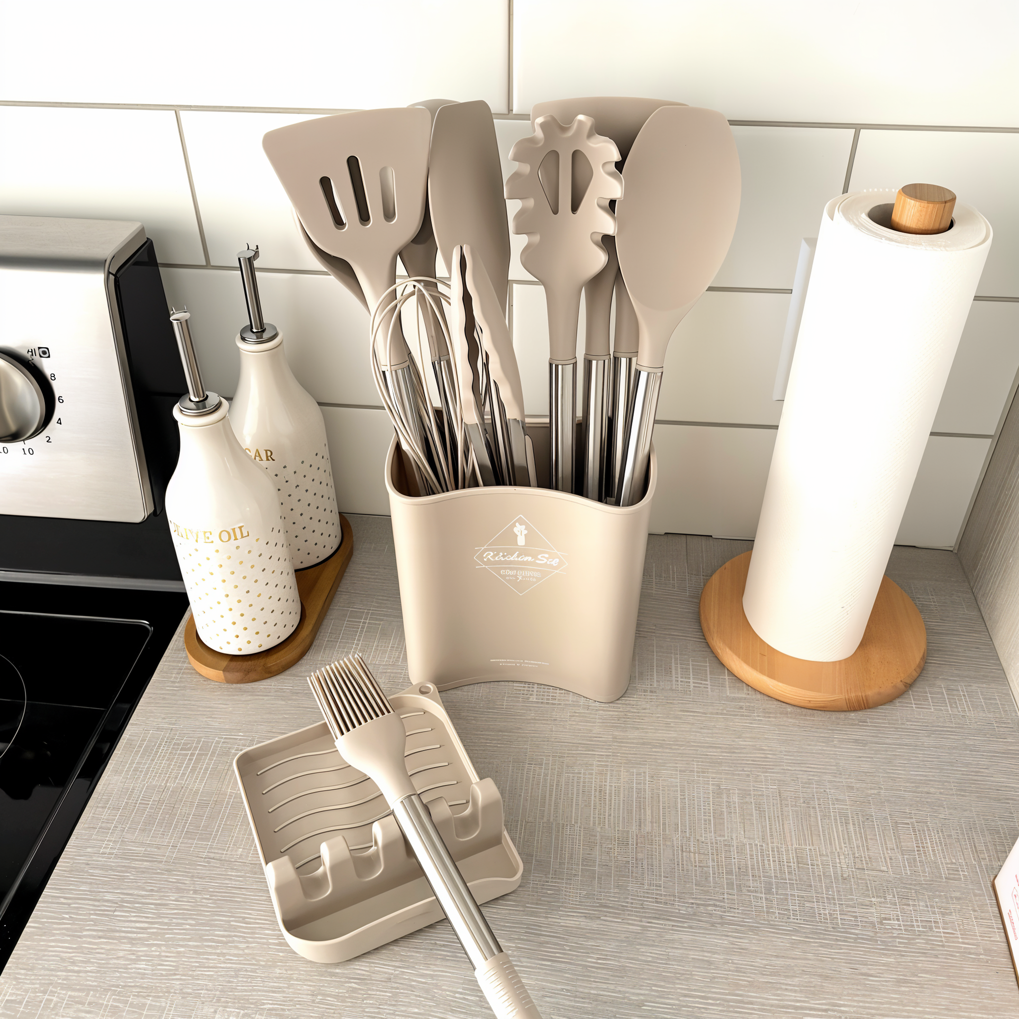 12-Piece Silicone Kitchen Utensil Set with Stainless Steel Handles & Holder