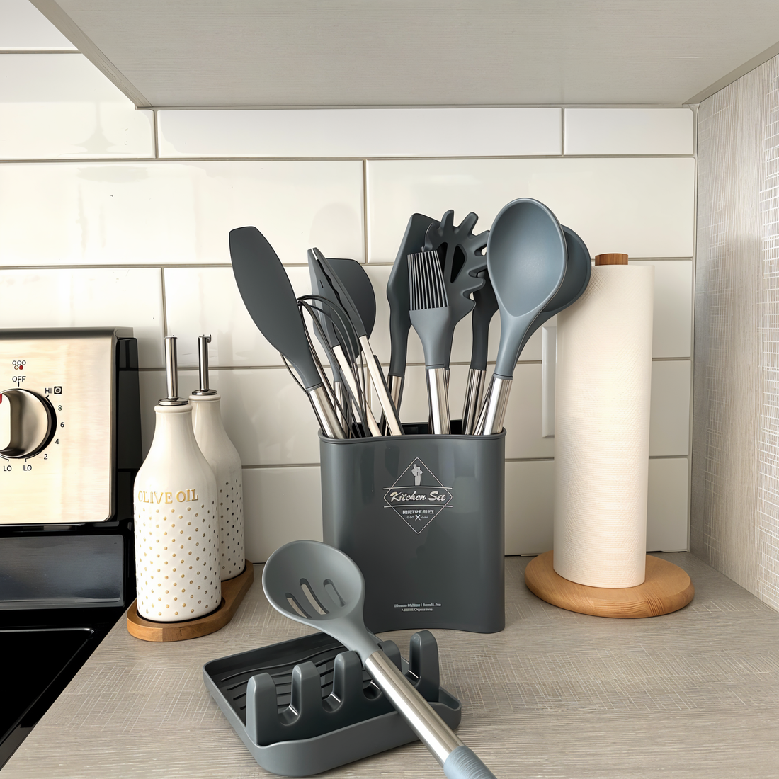 12-Piece Silicone Kitchen Utensil Set with Stainless Steel Handles & Holder