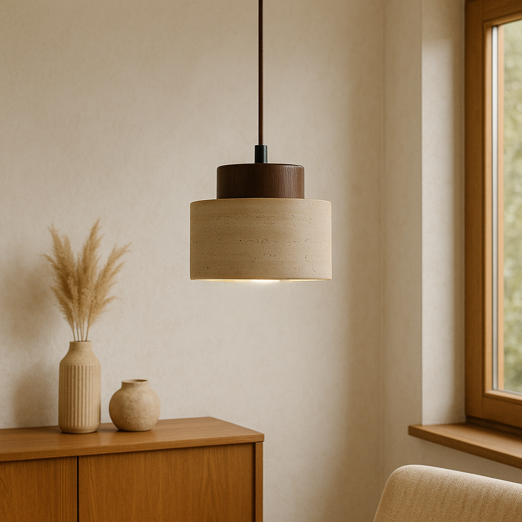 Pendant Lamp | Travertine Stone & Dark Wood | Modern Organic Cylindrical Design | Living Room Accent