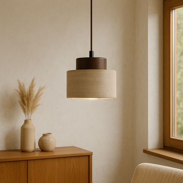Pendant Lamp | Travertine Stone & Dark Wood | Modern Organic Cylindrical Design | Living Room Accent