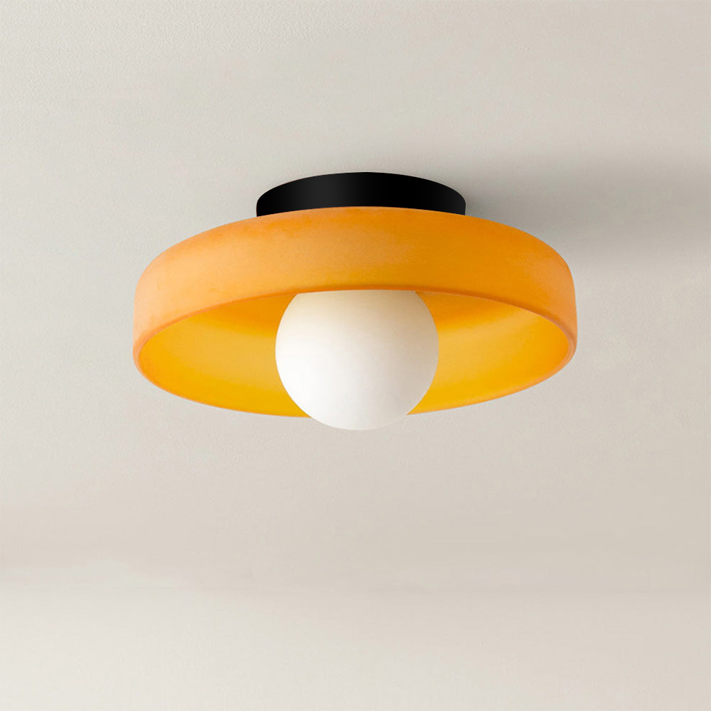 Flush Mount Ceiling Light | Frosted Glass & Matte Black Metal | Amber-Tinted Ring | Living Room Accent