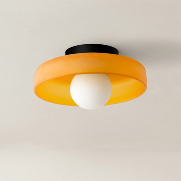 Flush Mount Ceiling Light | Frosted Glass & Matte Black Metal | Amber-Tinted Ring | Living Room Accent