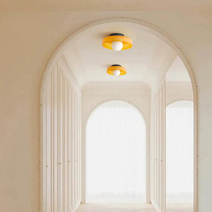 Flush Mount Ceiling Light | Frosted Glass & Matte Black Metal | Amber-Tinted Ring | Living Room Accent
