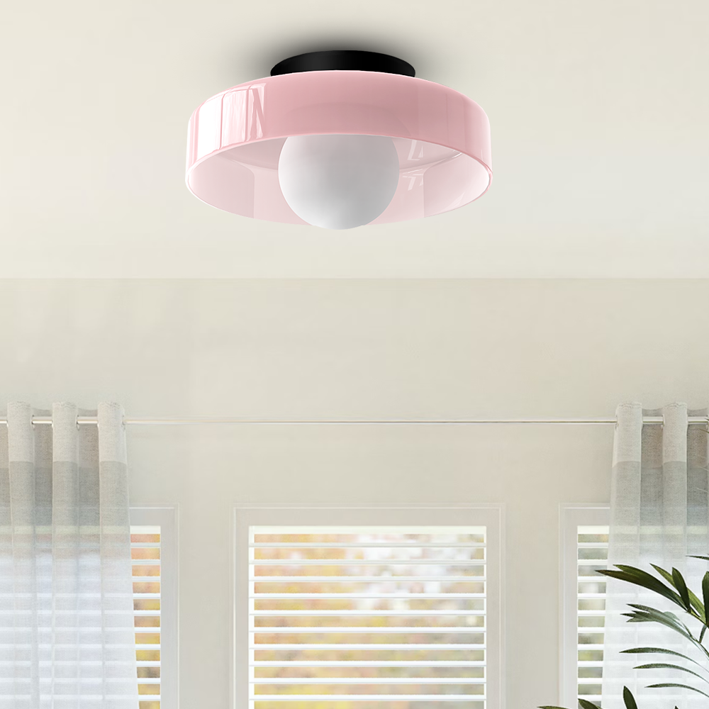 Flush Mount Ceiling Light | Frosted Glass & Matte Black Metal | Amber-Tinted Ring | Living Room Accent
