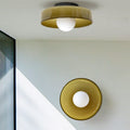 Flush Mount Ceiling Light | Frosted Glass & Matte Black Metal | Amber-Tinted Ring | Living Room Accent