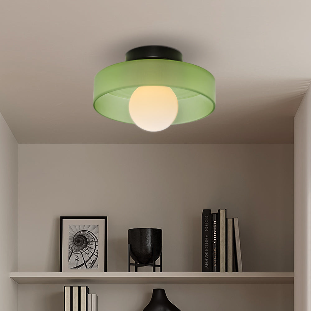 Flush Mount Ceiling Light | Frosted Glass & Matte Black Metal | Amber-Tinted Ring | Living Room Accent