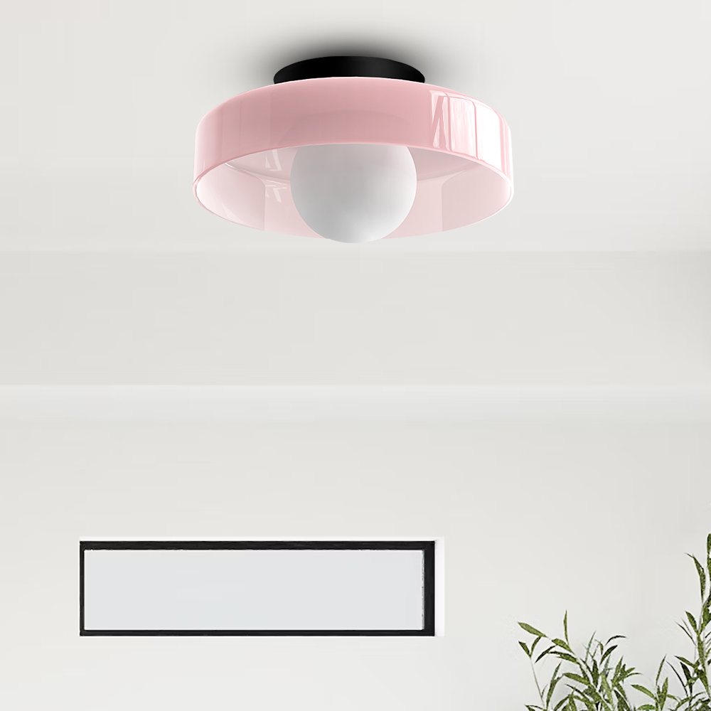 Flush Mount Ceiling Light | Frosted Glass & Matte Black Metal | Amber-Tinted Ring | Living Room Accent