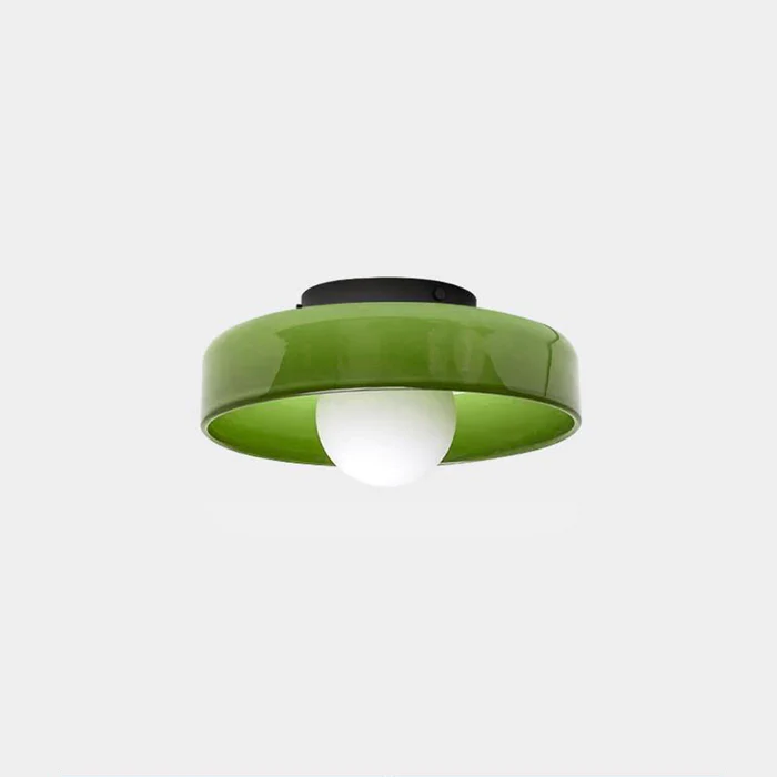 Flush Mount Ceiling Light | Frosted Glass & Matte Black Metal | Amber-Tinted Ring | Living Room Accent
