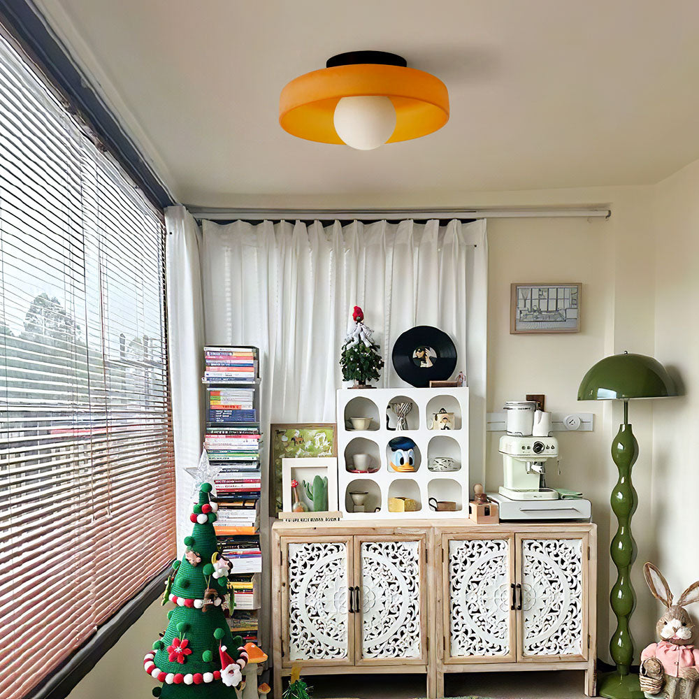 Flush Mount Ceiling Light | Frosted Glass & Matte Black Metal | Amber-Tinted Ring | Living Room Accent