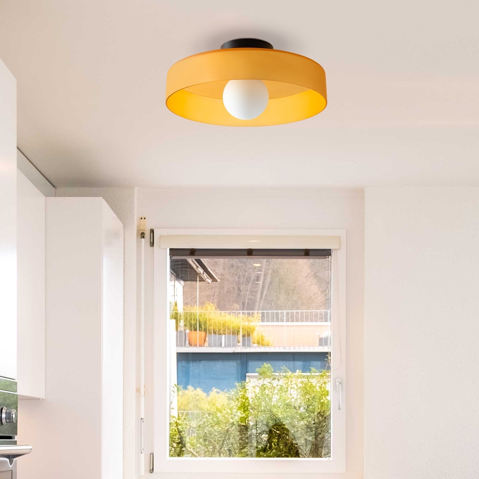 Flush Mount Ceiling Light | Frosted Glass & Matte Black Metal | Amber-Tinted Ring | Living Room Accent