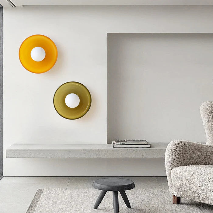 Flush Mount Ceiling Light | Frosted Glass & Matte Black Metal | Amber-Tinted Ring | Living Room Accent