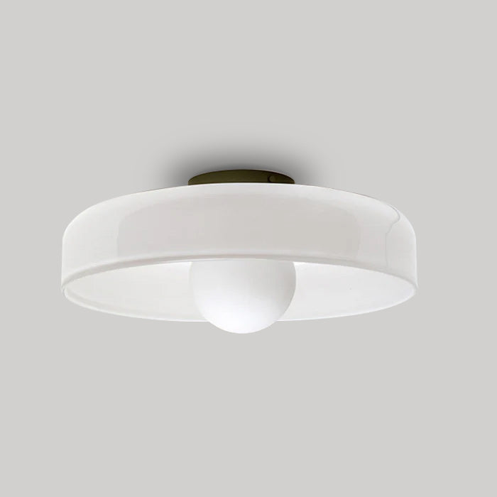Flush Mount Ceiling Light | Frosted Glass & Matte Black Metal | Amber-Tinted Ring | Living Room Accent