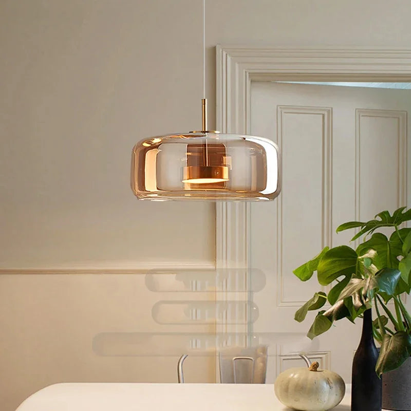Pendant Light | Amber Glass & Brushed Metal | Warm Ambient Lighting | Living Room Focal Point