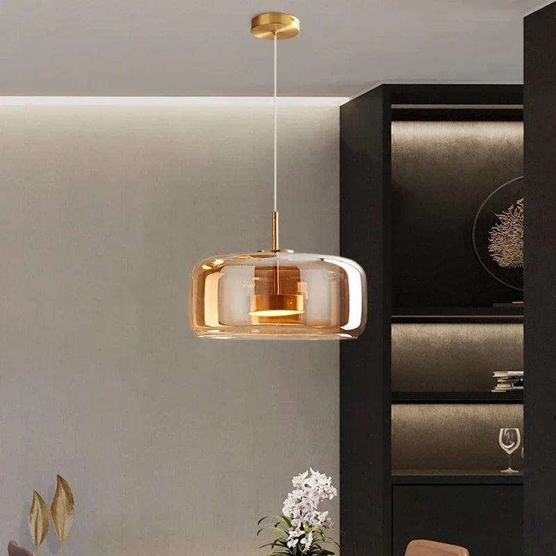 Pendant Light | Amber Glass & Brushed Metal | Warm Ambient Lighting | Living Room Focal Point
