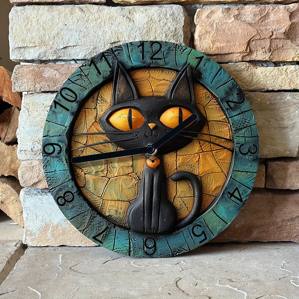 Wall Clock | Aluminum & Painted Surface | Black Cat Motif | Living Room Accent