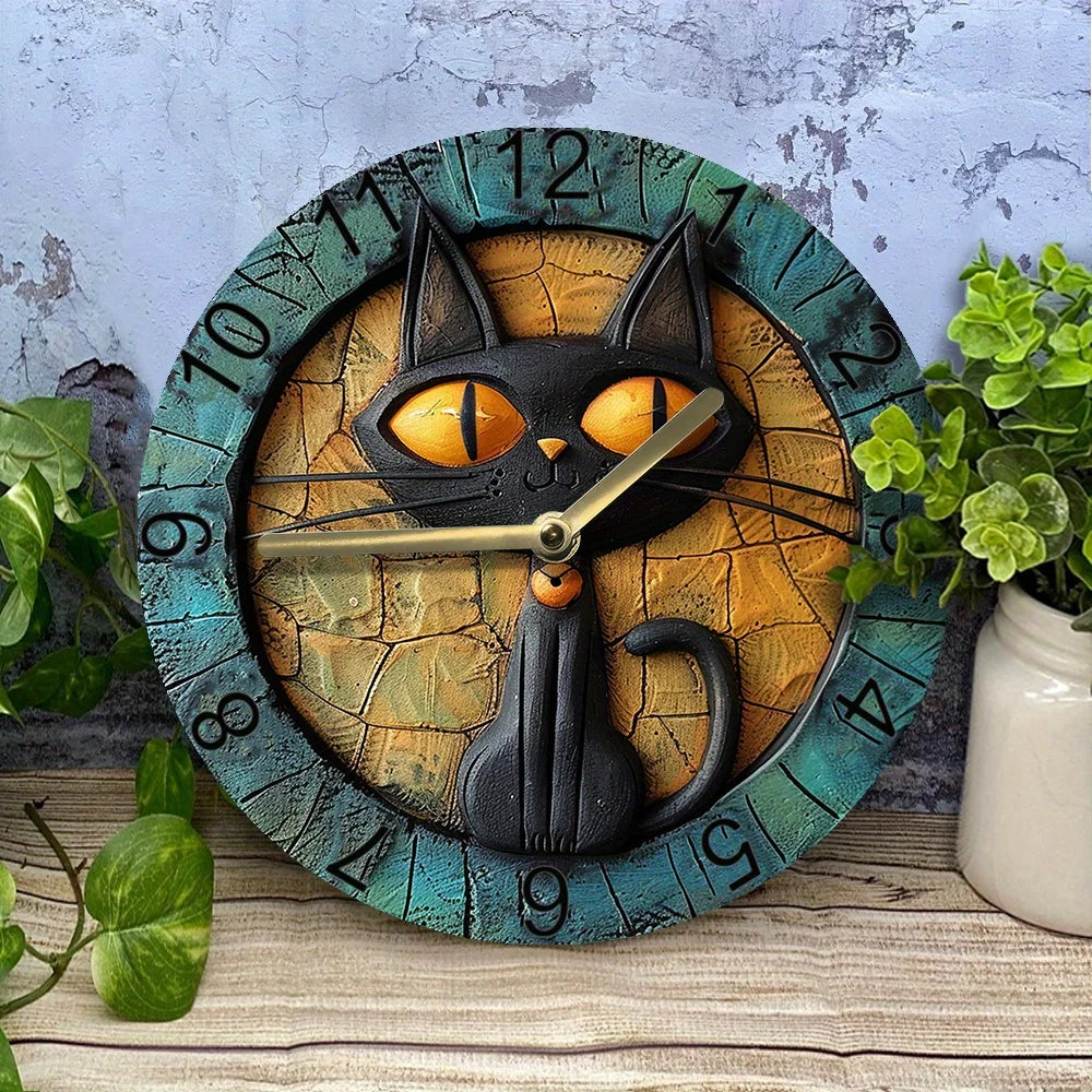 Wall Clock | Aluminum & Painted Surface | Black Cat Motif | Living Room Accent