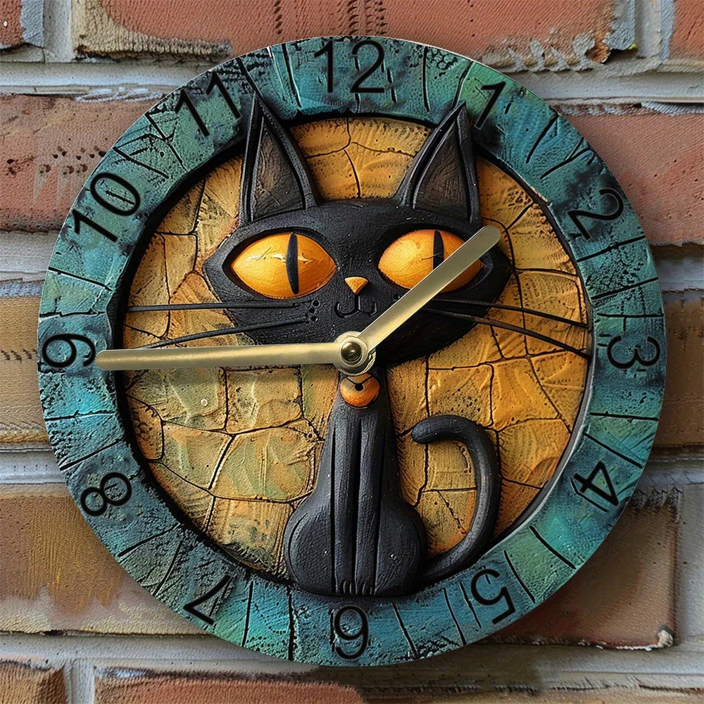 Wall Clock | Aluminum & Painted Surface | Black Cat Motif | Living Room Accent