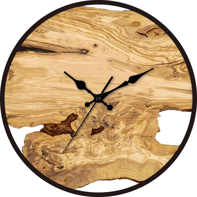 Wall Clock | Natural Wood & Black Metal | Organic Wood Grain | Living Room Accent