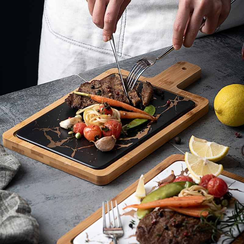 Serving Board | Ceramic & Bamboo | Marble-Like Surface | Sophisticated Dining