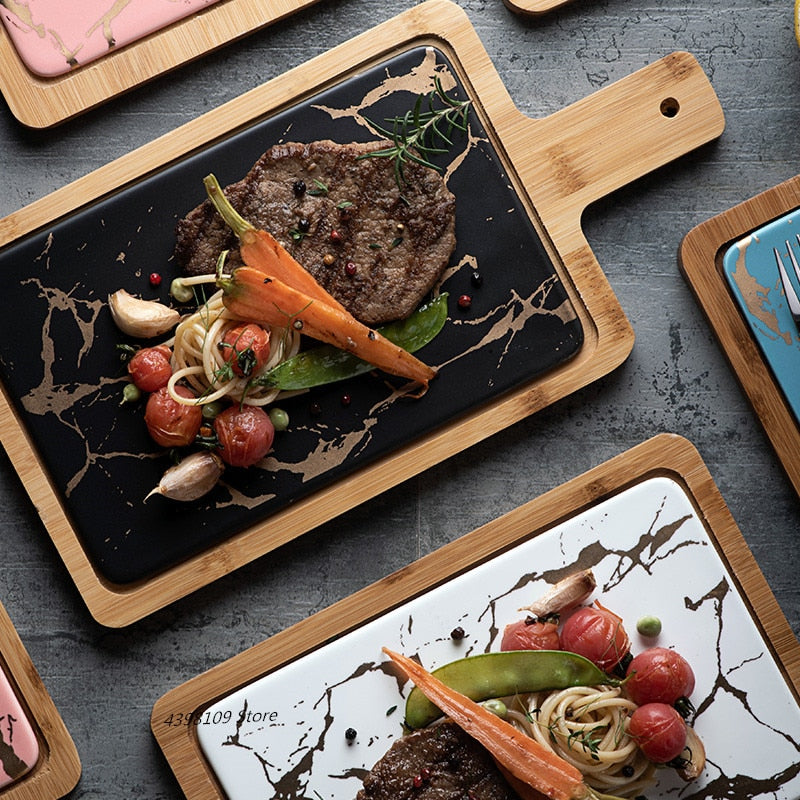 Serving Board | Ceramic & Bamboo | Marble-Like Surface | Sophisticated Dining