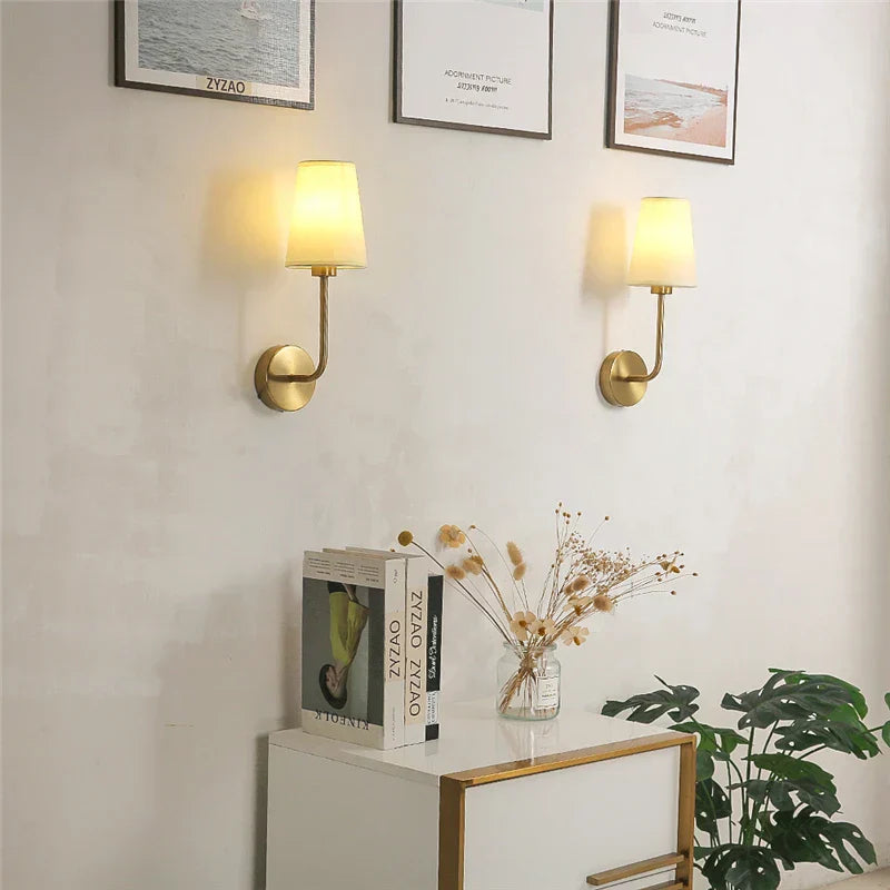 Linen Wall Sconce with Curved Arm – Minimalist Retro Fabric Light for Home Decor
