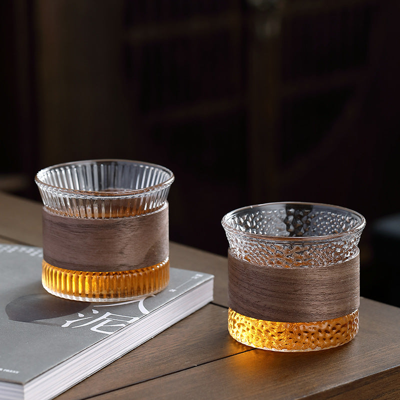 Whisky Tumbler | Glass & Wood | Handmade Textured Surface | Upscale Home Bar