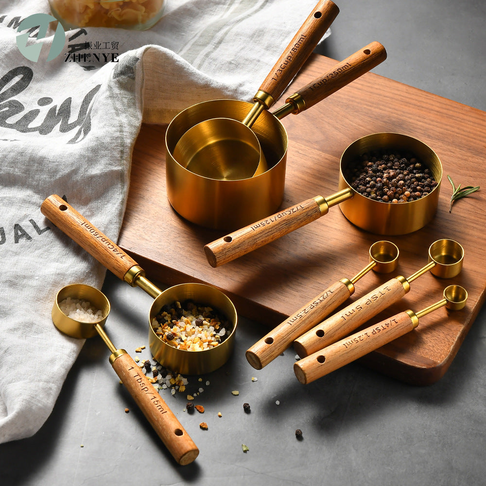 Measuring Set | Solid Oak & Stainless Steel | Ergonomic Handles | Gourmet Kitchen Use