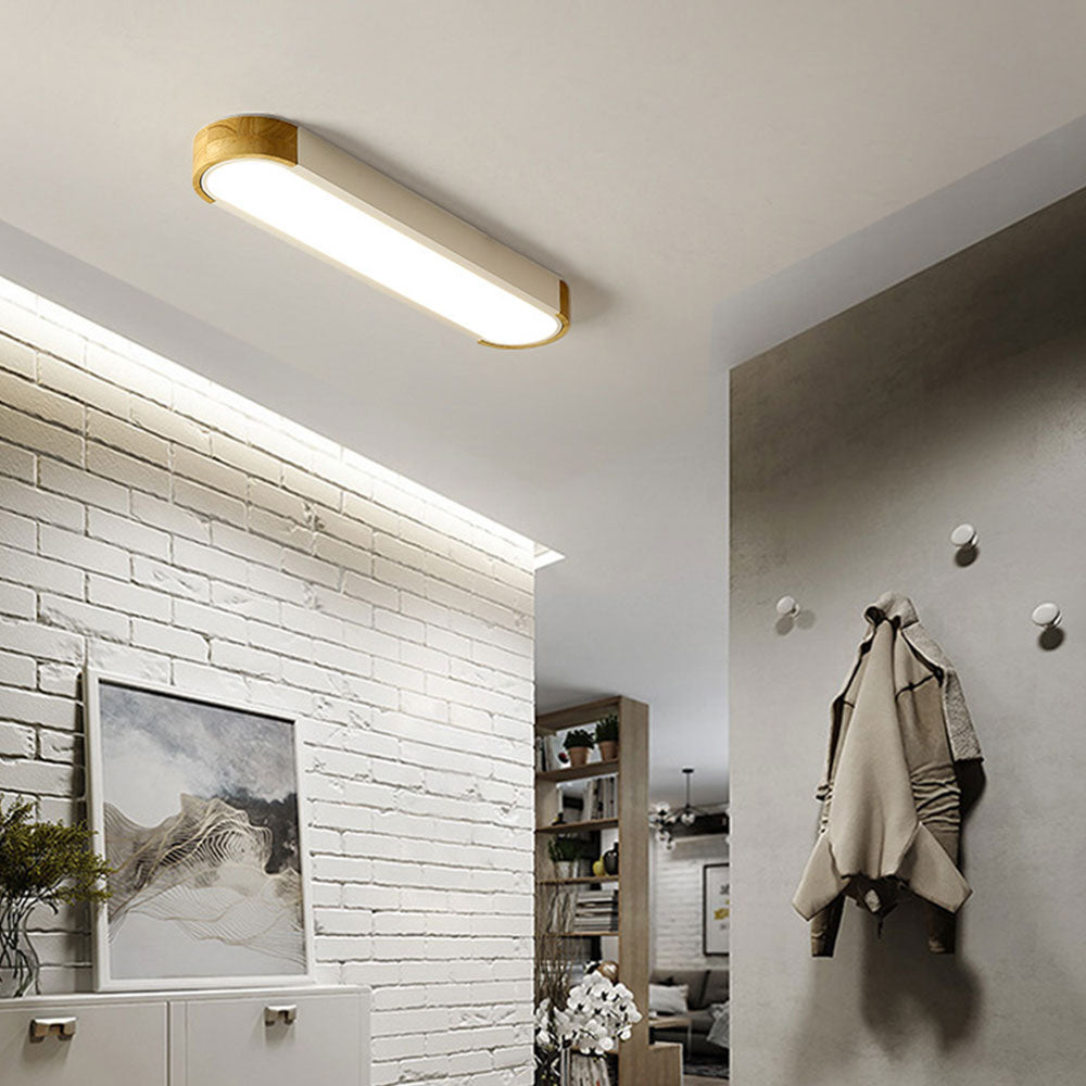 Modern Minimalist Flush Mount Ceiling Light – Wood & Metal LED Fixture for Hallway