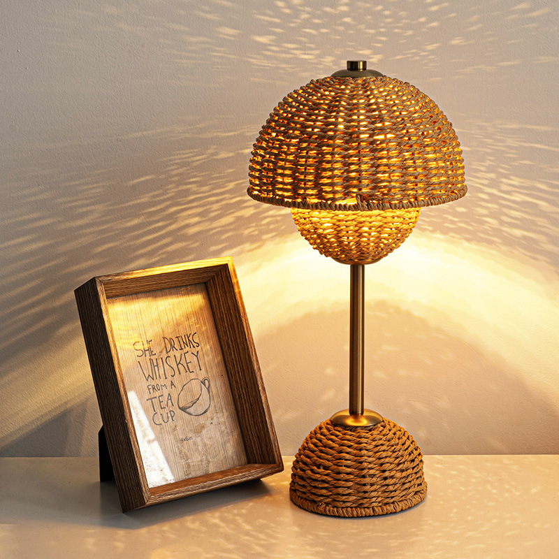 Eco-Friendly Bamboo Rattan Table Lamp with LED Ambient Glow
