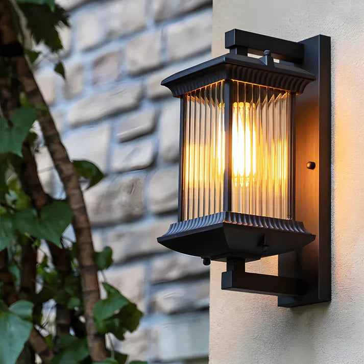 Wall Lamp | Ribbed Glass & Black Metal | Transitional Style | Outdoor Use