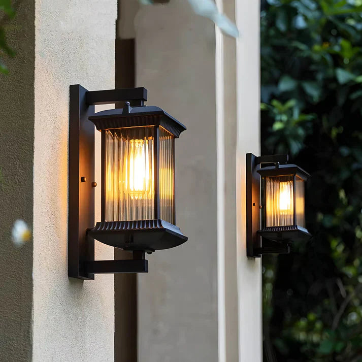 Wall Lamp | Ribbed Glass & Black Metal | Transitional Style | Outdoor Use