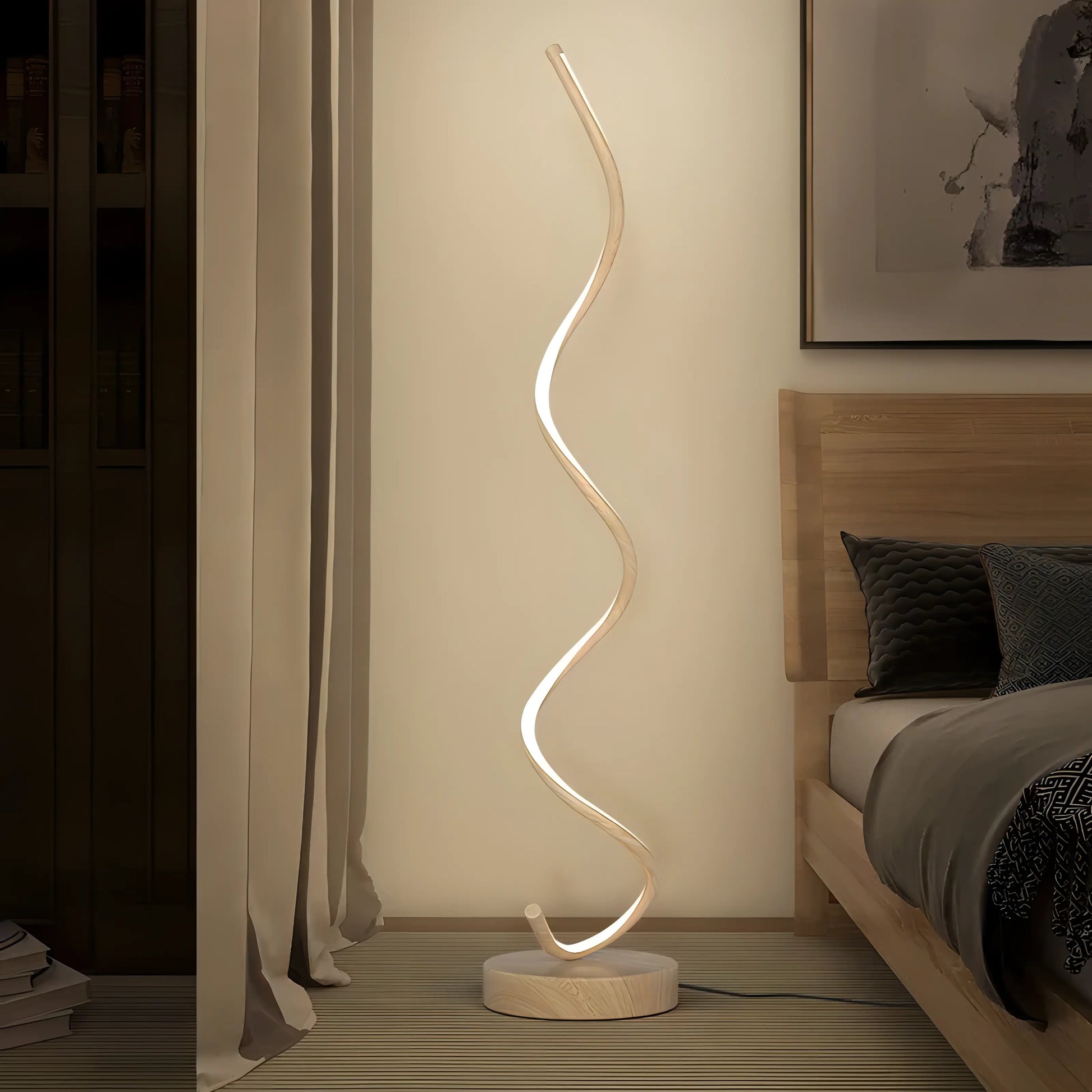 Floor Lamp | Wood & LED | Curved Design | Living Room Accent