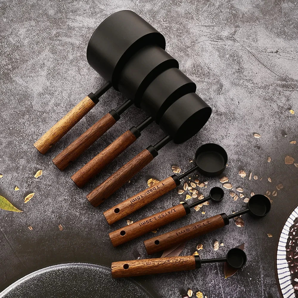 Measuring Set | Solid Oak & Stainless Steel | Ergonomic Handles | Gourmet Kitchen Use