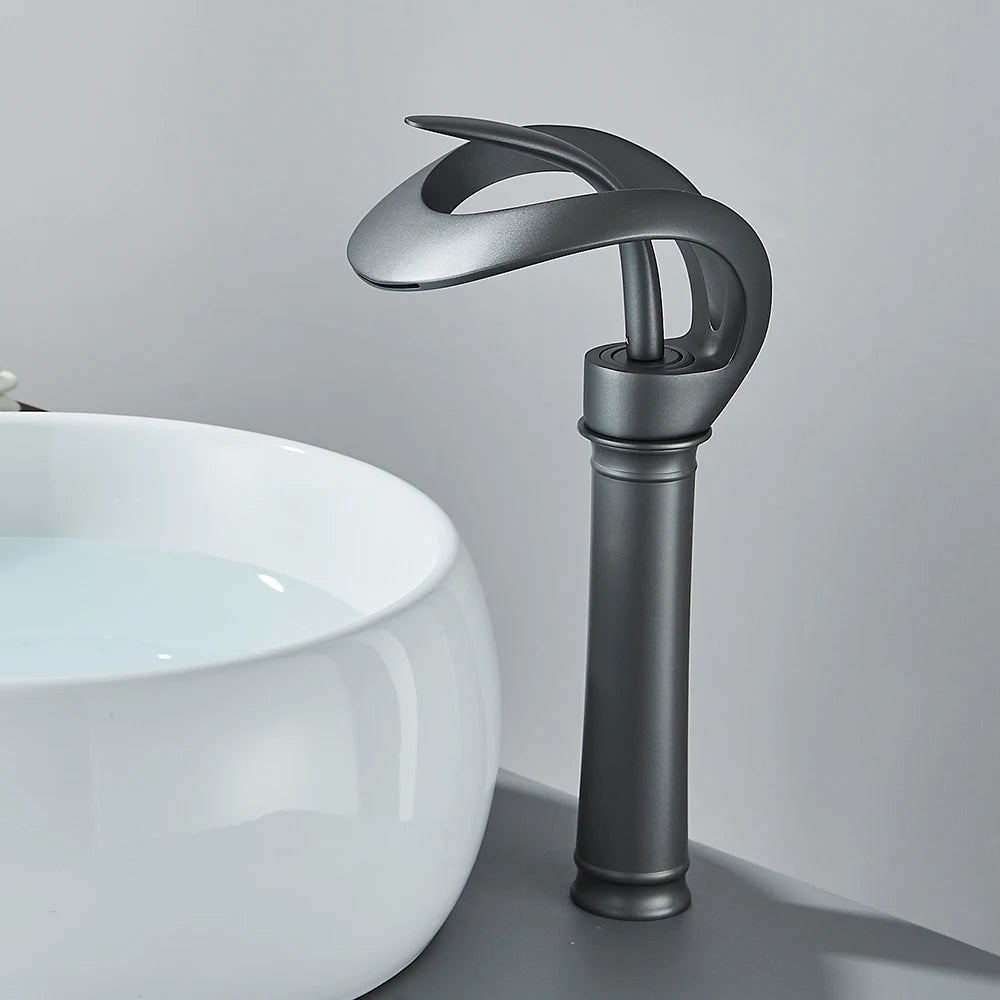 Modern Matte Black Waterfall Bathroom Faucet - Single Handle Vessel Sink Tap
