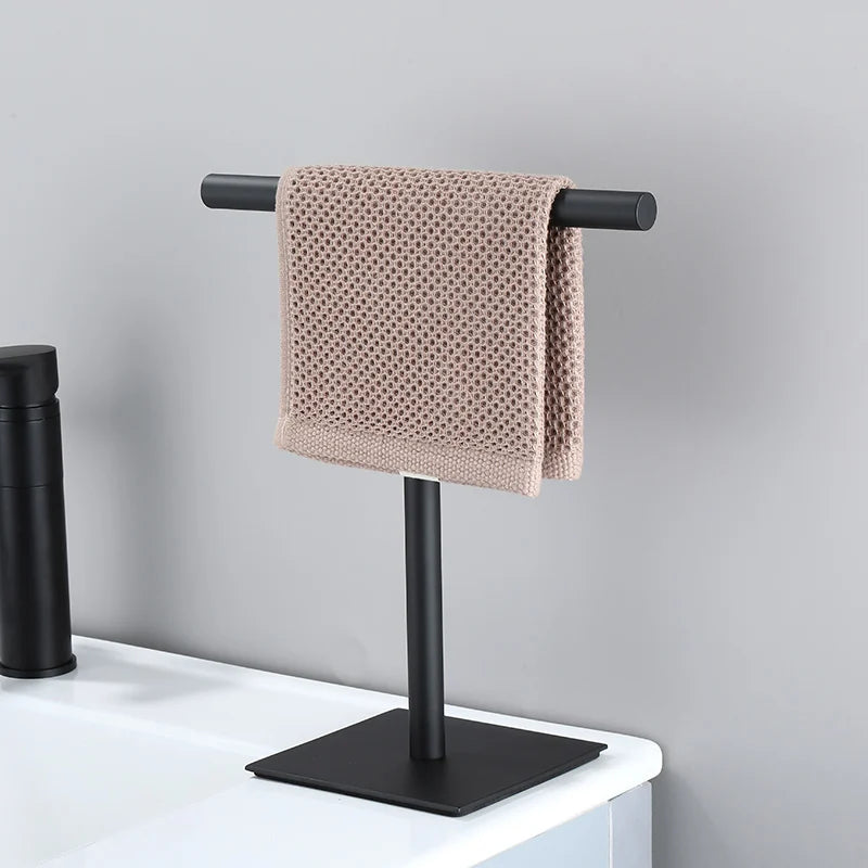 Hand Towel Holder | Matte Black Metal | Freestanding T-Shaped | Contemporary Bathroom