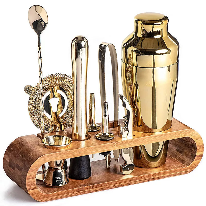Cocktail Set | Stainless Steel & Bamboo | Polished Finish | Home Bar Setup