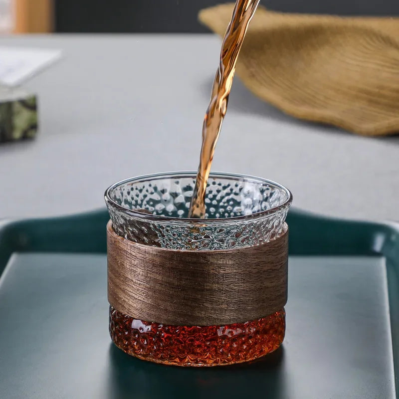 Whisky Tumbler | Glass & Wood | Handmade Textured Surface | Upscale Home Bar