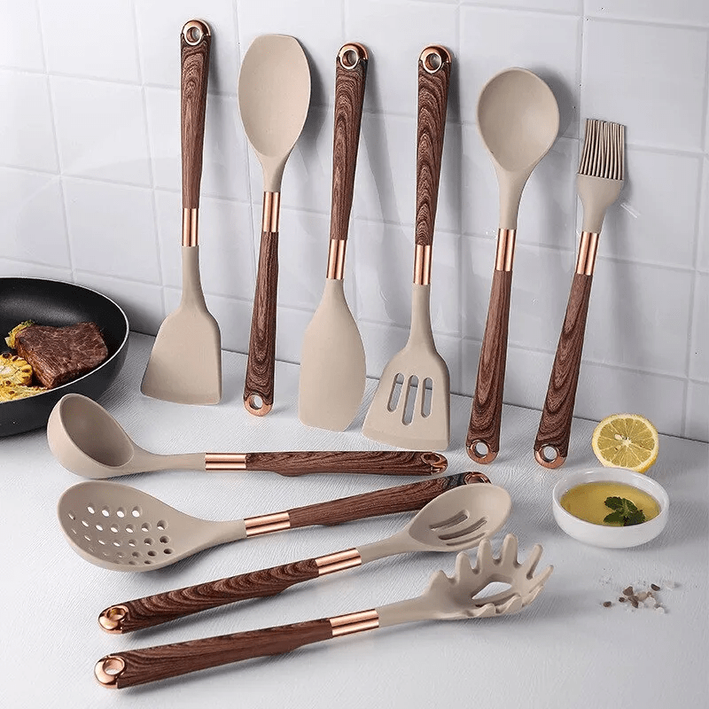 Utensil Set | Silicone & Wood | Smooth Heads & Hanging Loops | Kitchen Use