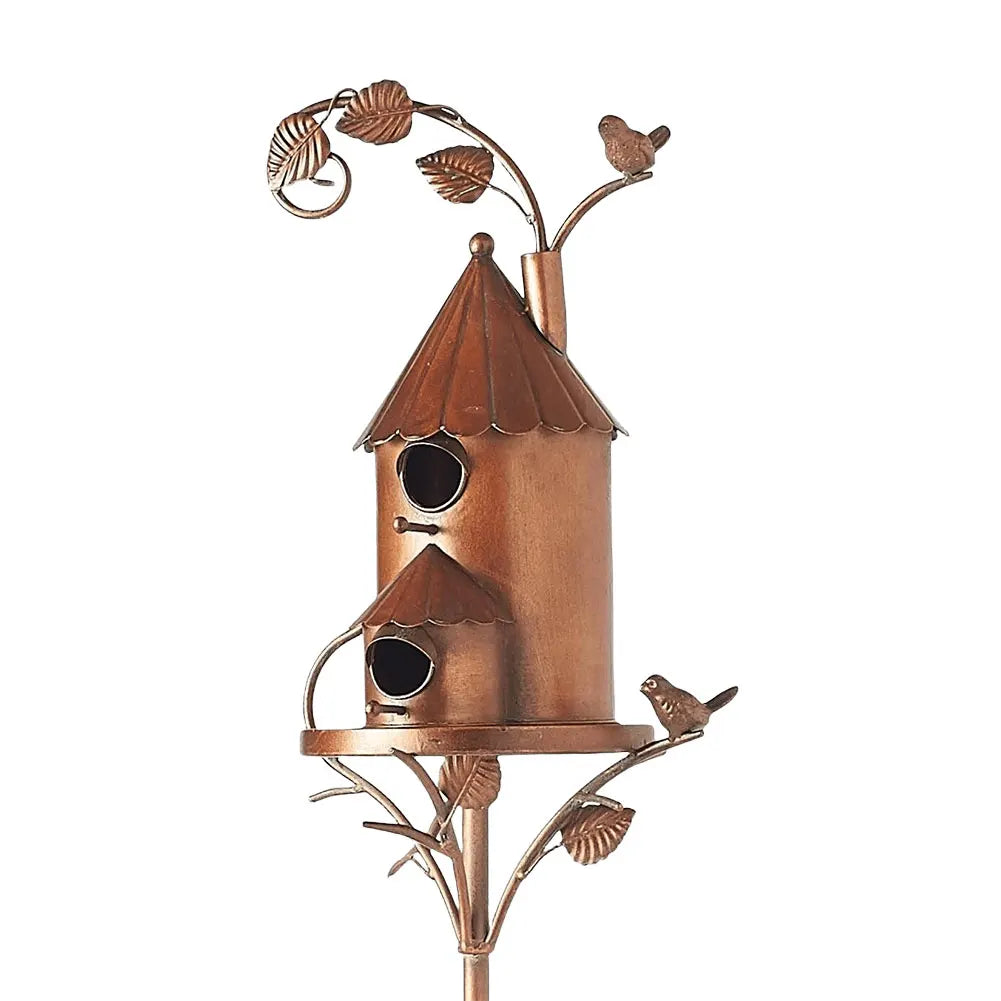 Rustic Metal Birdhouse Stake with Decorative Birds and Foliage for Garden Decor