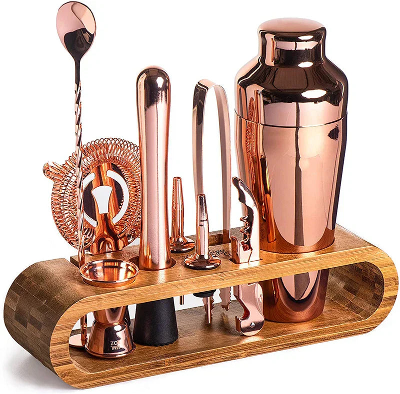Cocktail Set | Stainless Steel & Bamboo | Polished Finish | Home Bar Setup