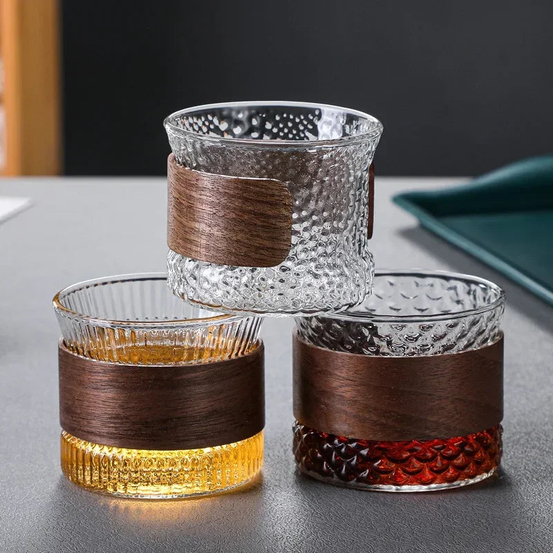 Whisky Tumbler | Glass & Wood | Handmade Textured Surface | Upscale Home Bar