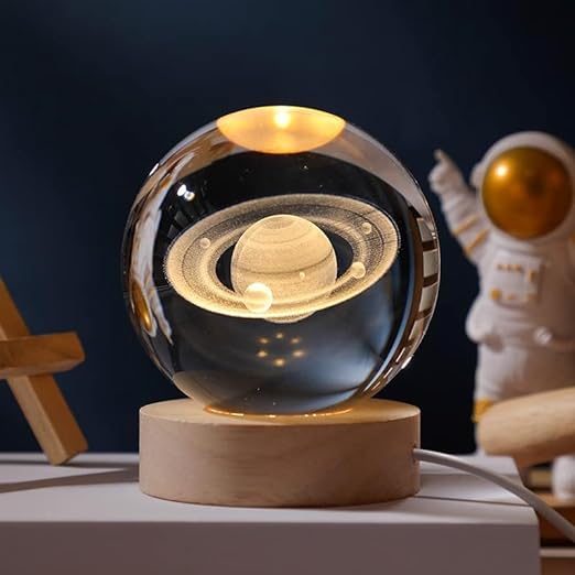 Crystal Ball Lamp | Clear Crystal & Light Wood | Engraved Solar System | Living Room Accent