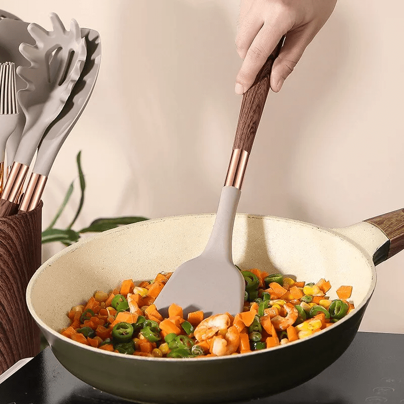 Utensil Set | Silicone & Wood | Smooth Heads & Hanging Loops | Kitchen Use
