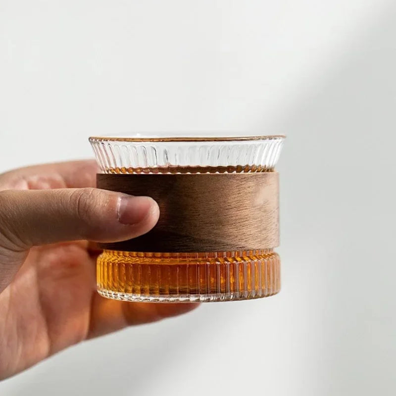Whisky Tumbler | Glass & Wood | Handmade Textured Surface | Upscale Home Bar