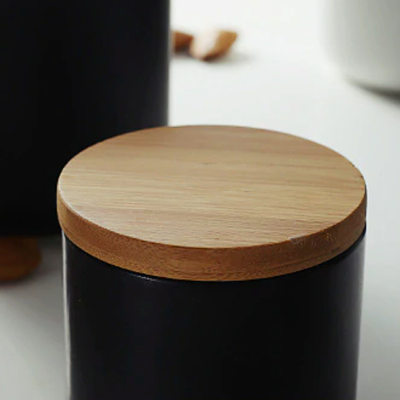 Storage Jar | Matte Ceramic & Natural Wood | Smooth Cylindrical Shape | Kitchen Counter Organizer