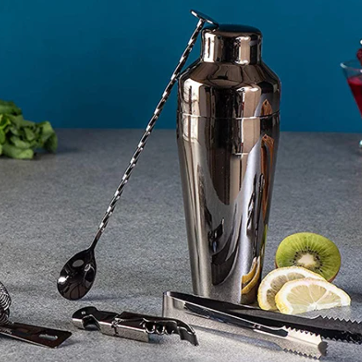 Cocktail Set | Stainless Steel & Bamboo | Polished Finish | Home Bar Setup