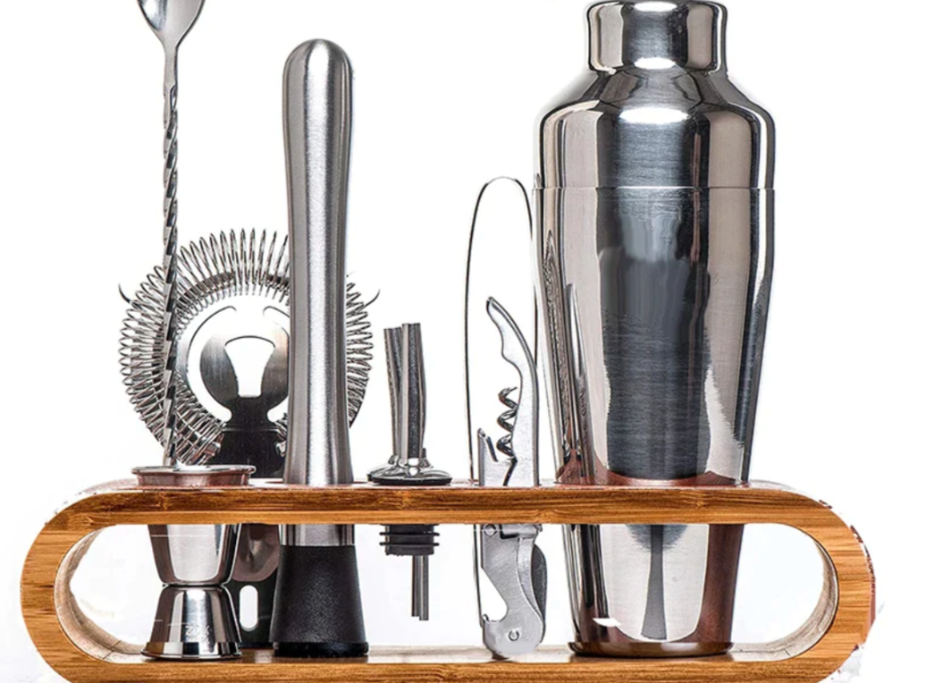 Cocktail Set | Stainless Steel & Bamboo | Polished Finish | Home Bar Setup