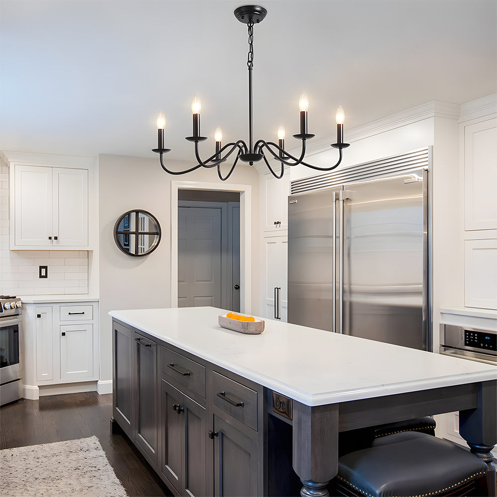 Chandelier | Wrought Iron | Six Light Candle-Style Curved Arms | Classic Home Decor